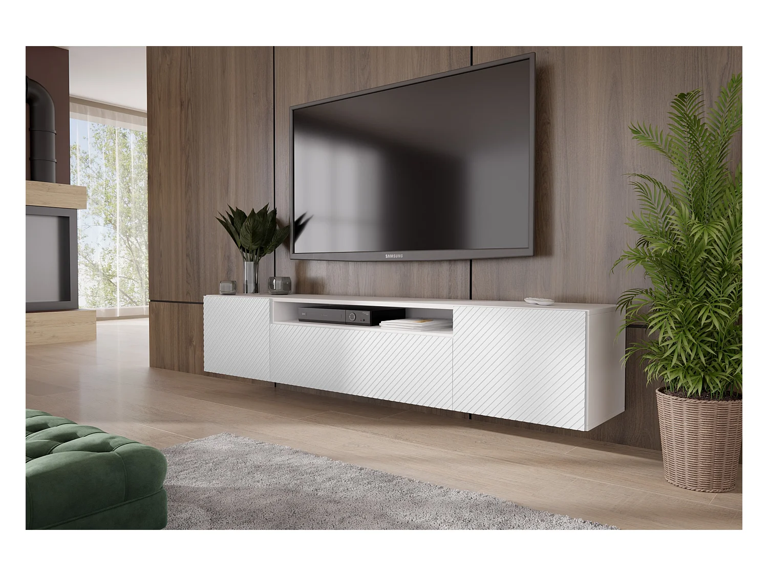 TV-Schrank Kaja Fernsehschrank TV-Lowboard 200 cm gefräste Fronten modernes Design dreitürig Wohnzimmer Wandmontage (Farbe: weiß )