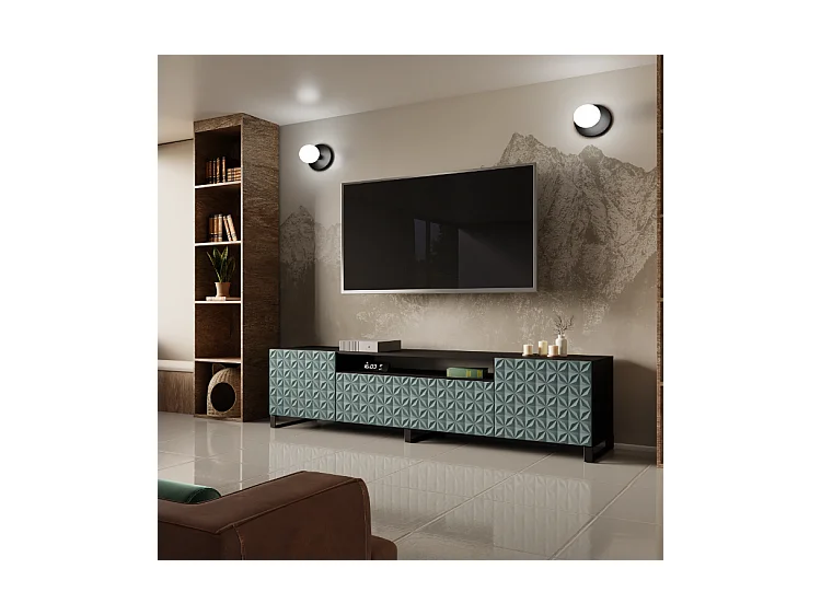 TV-Schrank Cali III Fernsehschrank TV-Lowboard 200 cm Fronten gefräst wie ein Kaleidoskop modernes Design dreitürig (Farbe: schwarz, grün)