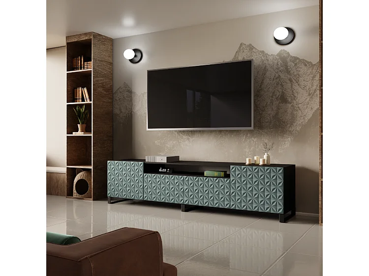 TV-Schrank Cali III Fernsehschrank TV-Lowboard 200 cm Fronten gefräst wie ein Kaleidoskop modernes Design dreitürig (Farbe: schwarz, grün)