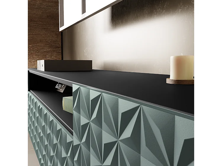 TV-Schrank Cali III Fernsehschrank TV-Lowboard 200 cm Fronten gefräst wie ein Kaleidoskop modernes Design dreitürig (Farbe: schwarz, grün)