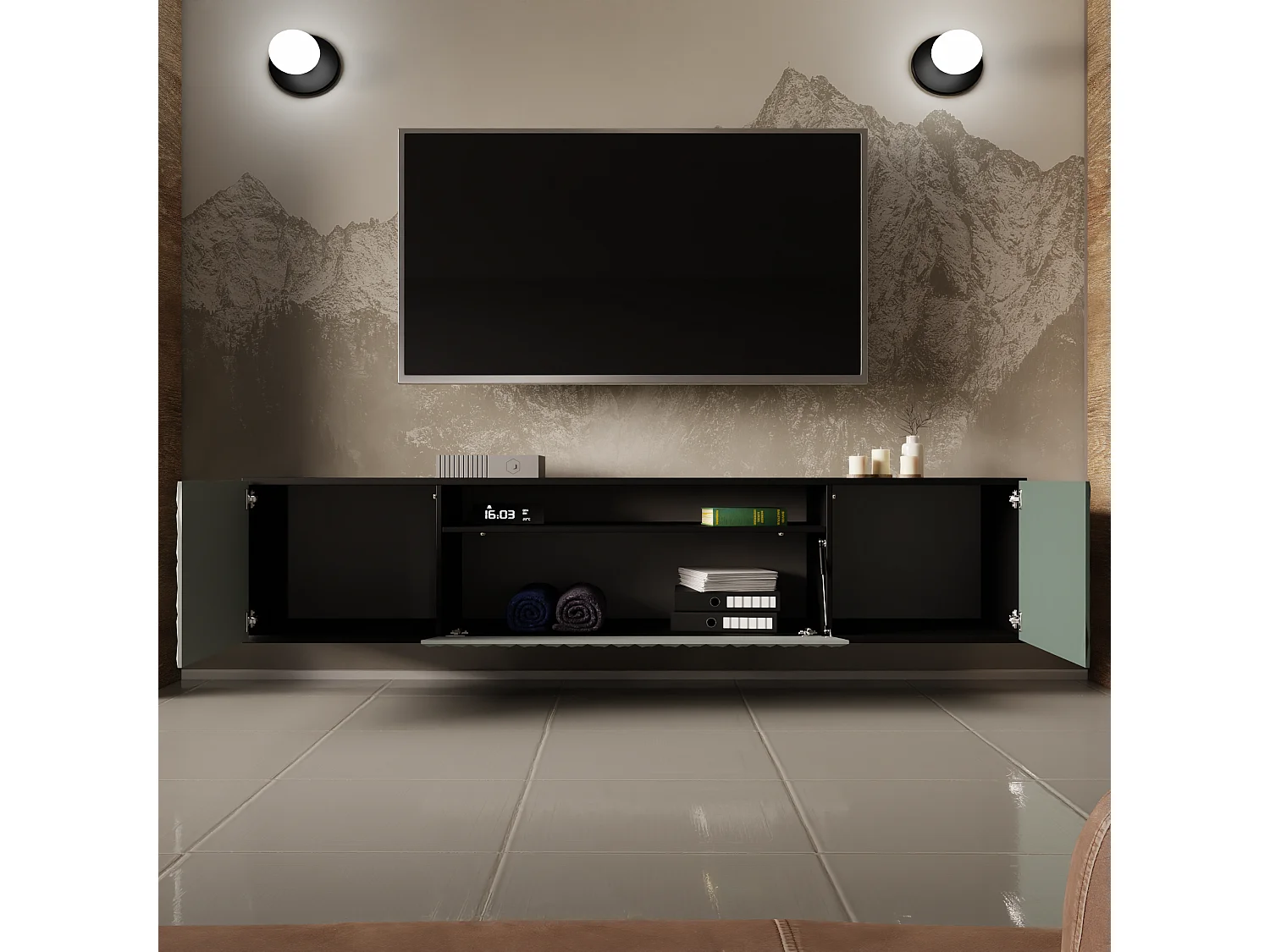 TV-Schrank Cali III Fernsehschrank TV-Lowboard 200 cm Fronten gefräst wie ein Kaleidoskop modernes Design dreitürig (Farbe: schwarz, grün)