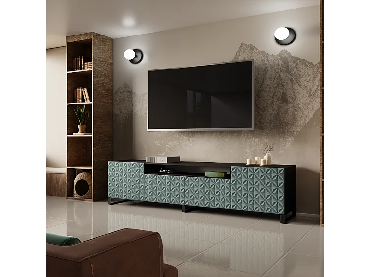 TV-Schrank Cali III Fernsehschrank TV-Lowboard 200 cm Fronten gefräst wie ein Kaleidoskop modernes Design dreitürig (Farbe: schwarz, grün)