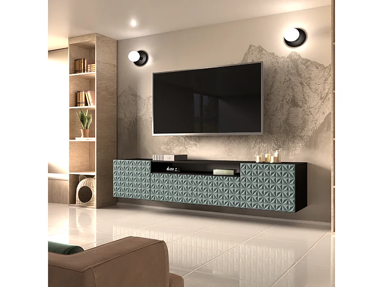 TV-Schrank Cali Fernsehschrank TV-Lowboard 200 cm Fronten gefräst wie ein Kaleidoskop modernes Design Wandmontage (Farbe: schwarz, grün)
