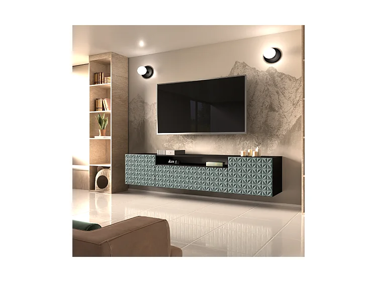 TV-Schrank Cali Fernsehschrank TV-Lowboard 200 cm Fronten gefräst wie ein Kaleidoskop modernes Design Wandmontage (Farbe: schwarz, grün)