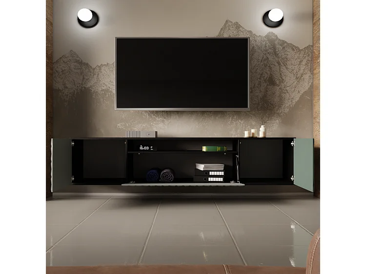 TV-Schrank Cali Fernsehschrank TV-Lowboard 200 cm Fronten gefräst wie ein Kaleidoskop modernes Design Wandmontage (Farbe: schwarz, grün)