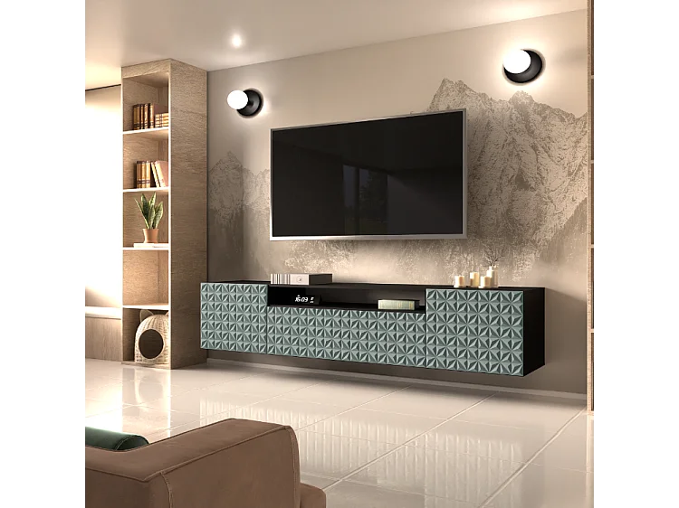 TV-Schrank Cali Fernsehschrank TV-Lowboard 200 cm Fronten gefräst wie ein Kaleidoskop modernes Design Wandmontage (Farbe: schwarz, grün)