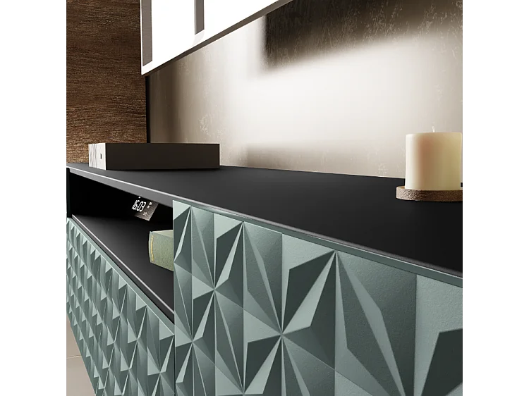 TV-Schrank Cali Fernsehschrank TV-Lowboard 200 cm Fronten gefräst wie ein Kaleidoskop modernes Design Wandmontage (Farbe: schwarz, grün)