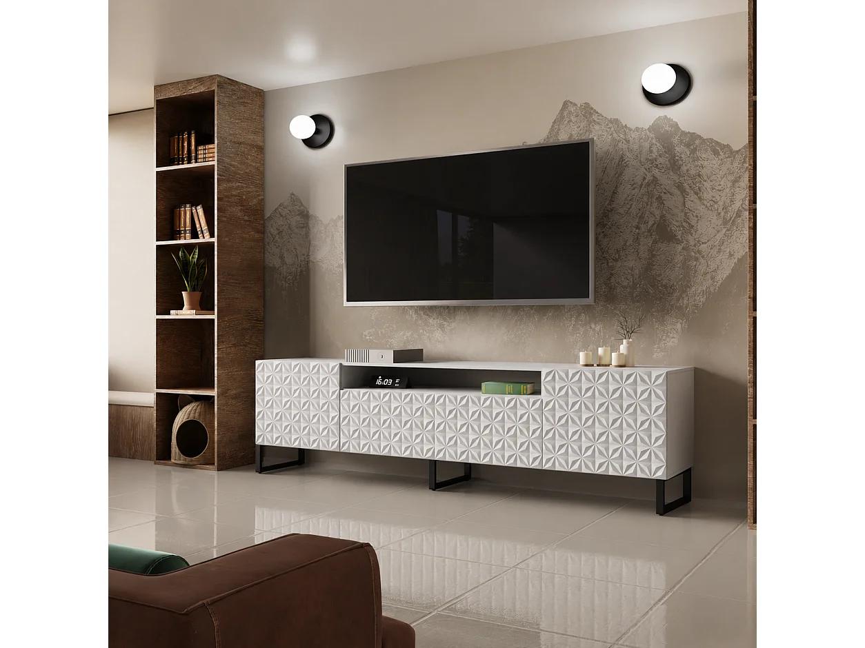 TV-Schrank Cali III Fernsehschrank TV-Lowboard 200 cm Fronten gefräst wie ein Kaleidoskop modernes Design dreitürig (Farbe: weiß, weiß)