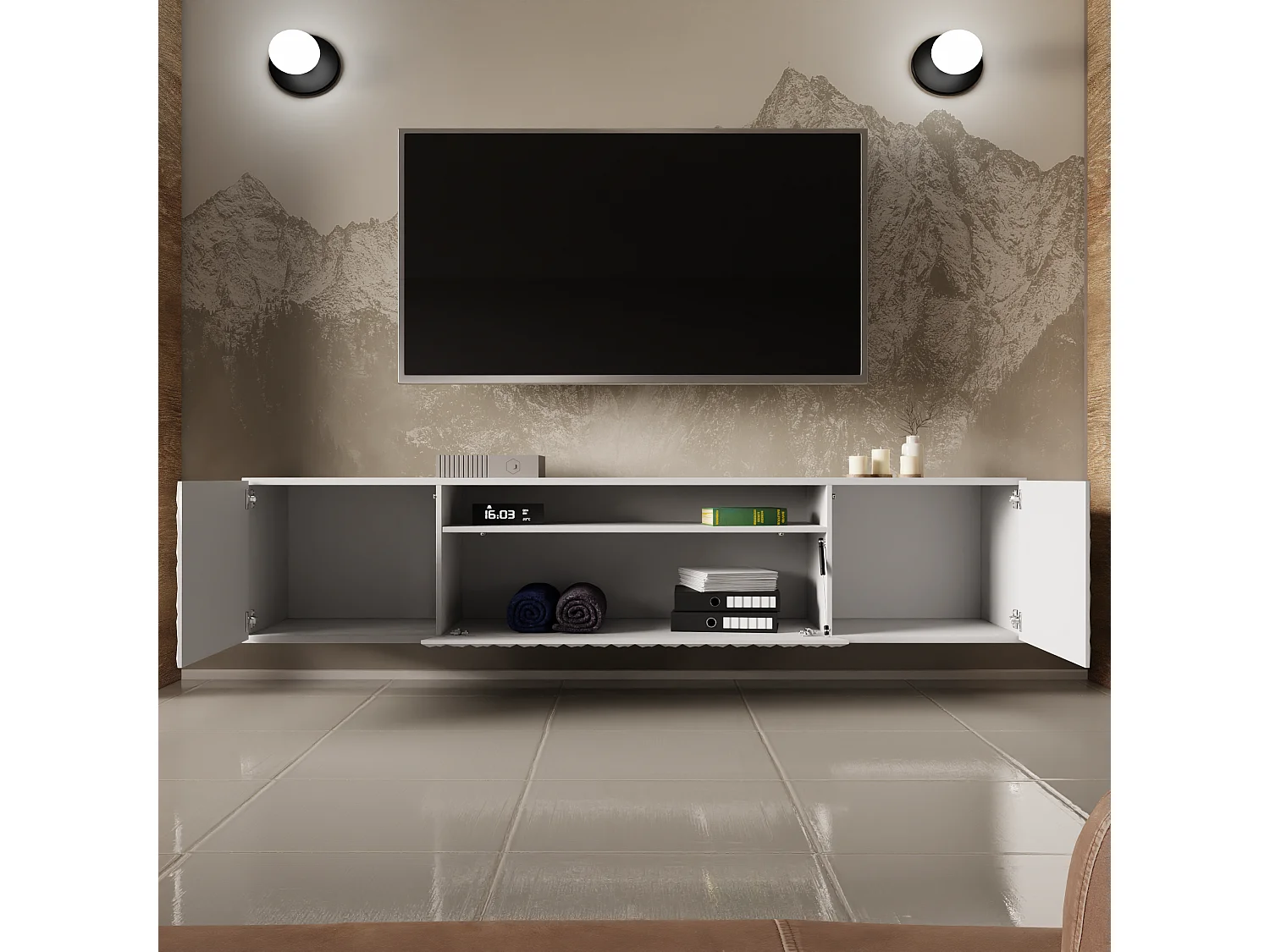 TV-Schrank Cali III Fernsehschrank TV-Lowboard 200 cm Fronten gefräst wie ein Kaleidoskop modernes Design dreitürig (Farbe: weiß, weiß)