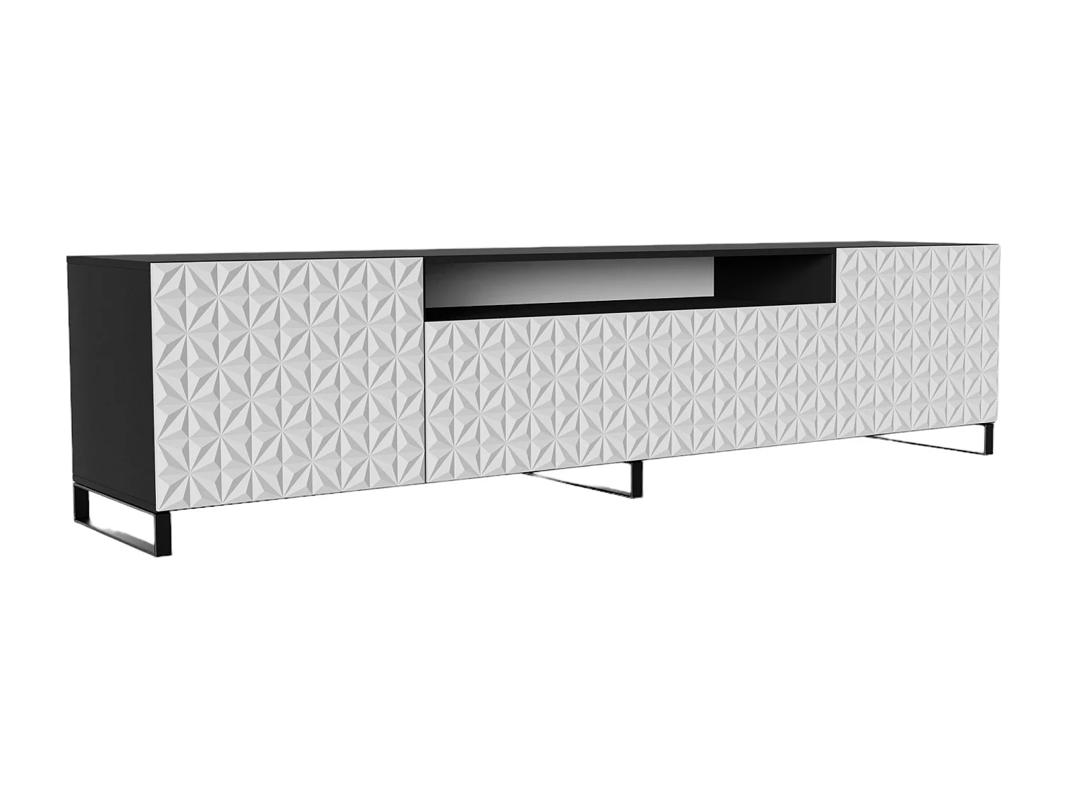 TV-Schrank Cali III Fernsehschrank TV-Lowboard 200 cm Fronten gefräst wie ein Kaleidoskop modernes Design dreitürig (Farbe: schwarz, weiß)