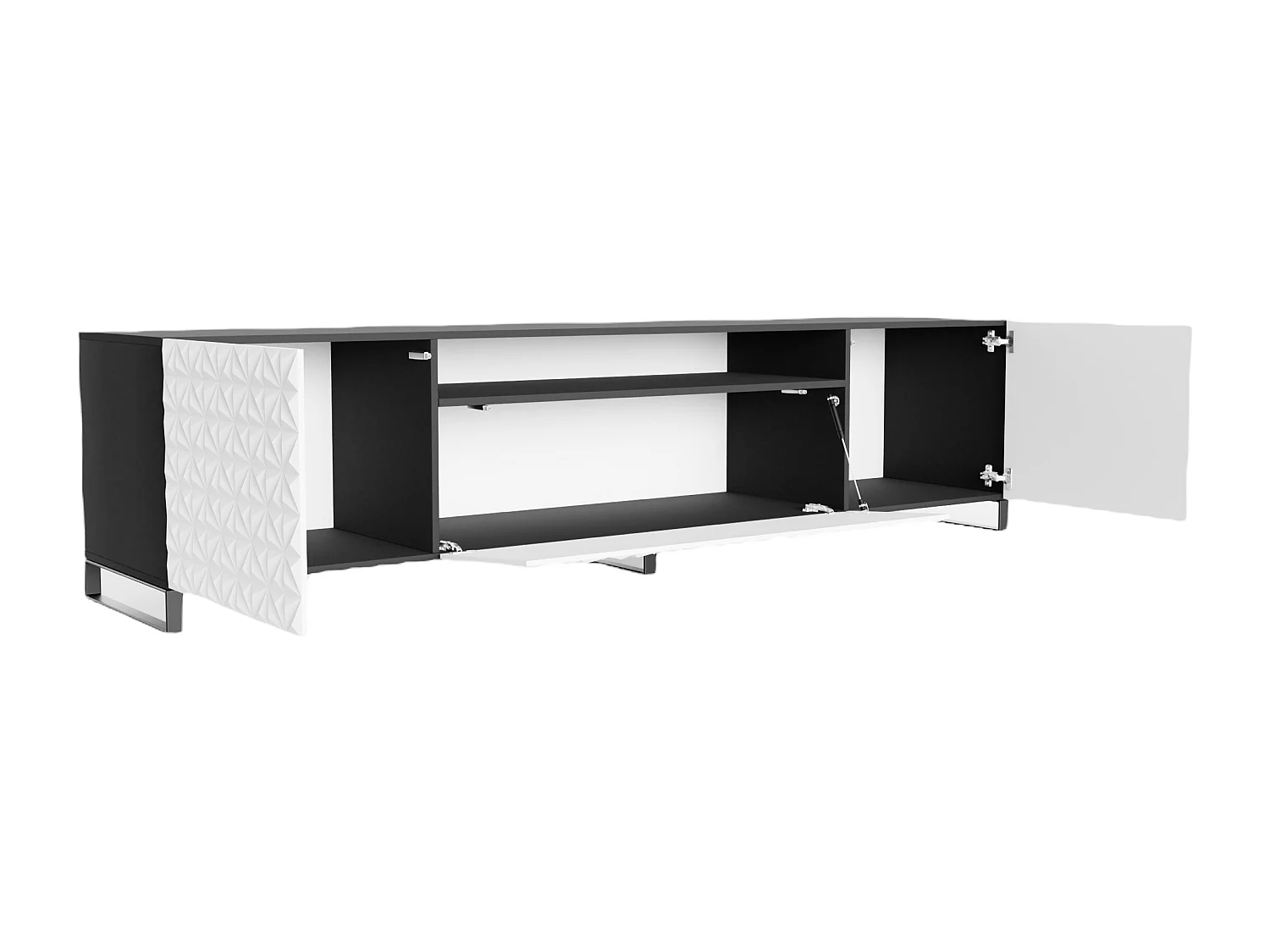 TV-Schrank Cali III Fernsehschrank TV-Lowboard 200 cm Fronten gefräst wie ein Kaleidoskop modernes Design dreitürig (Farbe: schwarz, weiß)