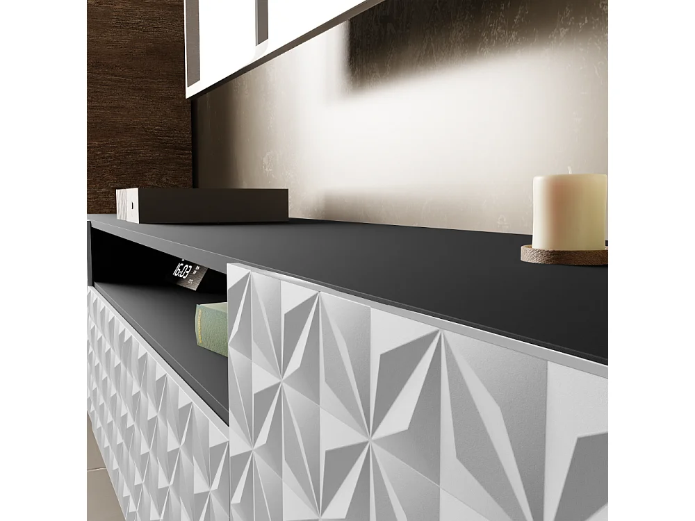 TV-Schrank Cali III Fernsehschrank TV-Lowboard 200 cm Fronten gefräst wie ein Kaleidoskop modernes Design dreitürig (Farbe: schwarz, weiß)