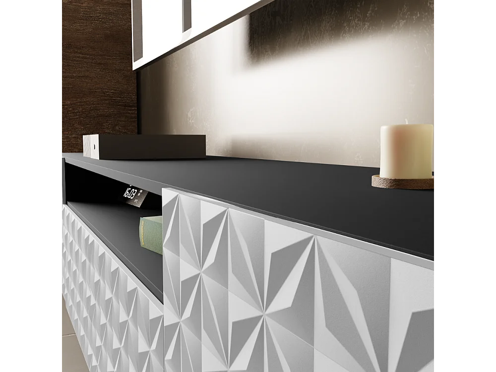 TV-Schrank Cali III Fernsehschrank TV-Lowboard 200 cm Fronten gefräst wie ein Kaleidoskop modernes Design dreitürig (Farbe: schwarz, weiß)