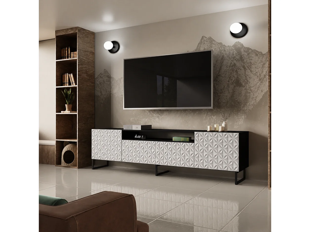 TV-Schrank Cali III Fernsehschrank TV-Lowboard 200 cm Fronten gefräst wie ein Kaleidoskop modernes Design dreitürig (Farbe: schwarz, weiß)
