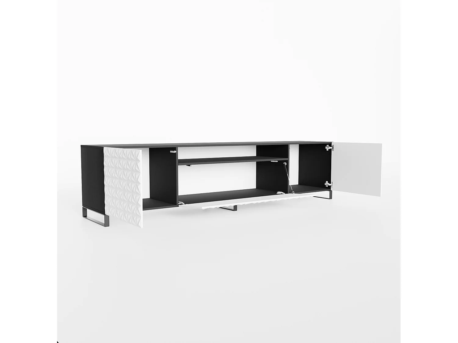 TV-Schrank Cali III Fernsehschrank TV-Lowboard 200 cm Fronten gefräst wie ein Kaleidoskop modernes Design dreitürig (Farbe: schwarz, weiß)
