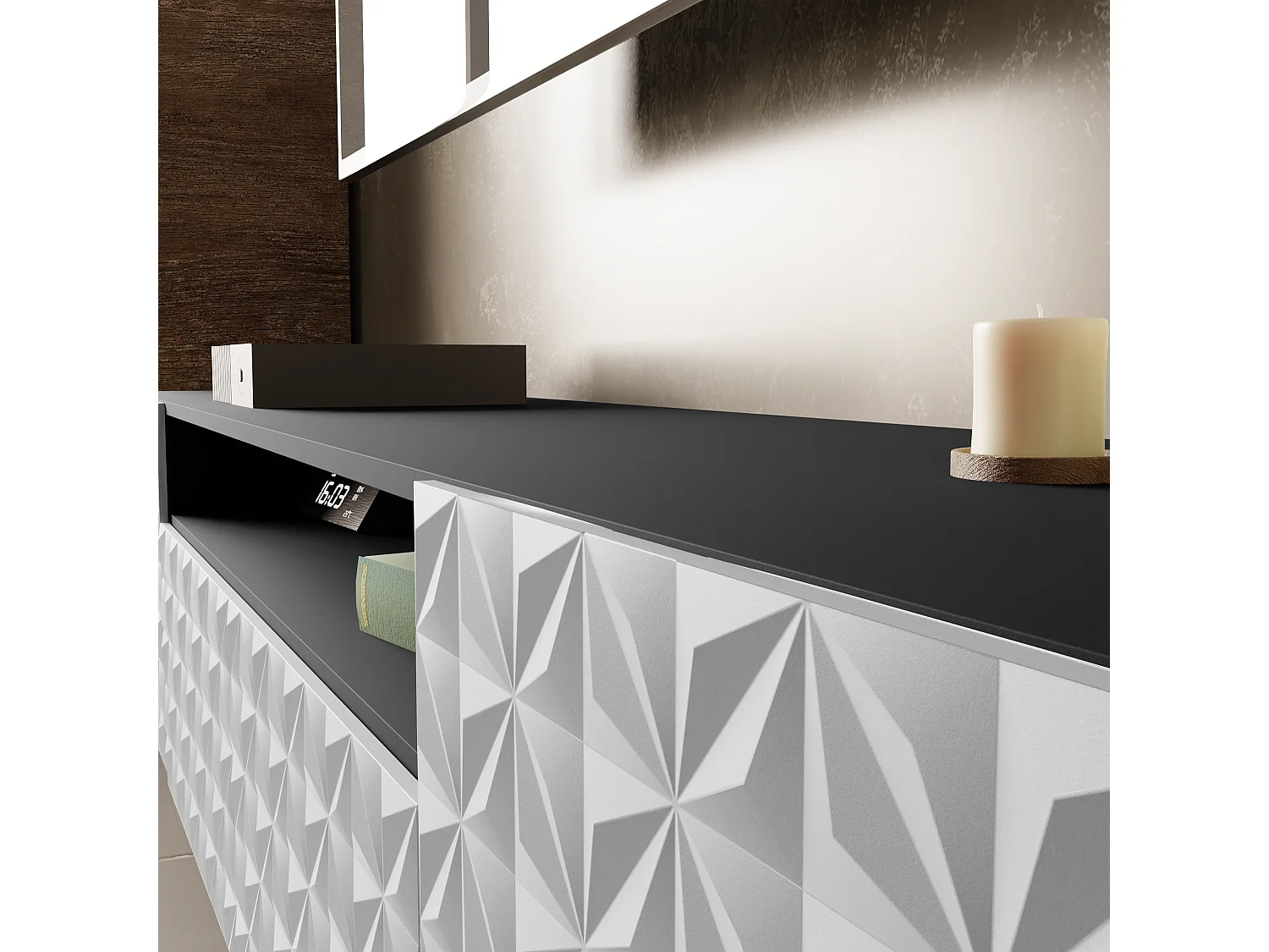 TV-Schrank Cali III Fernsehschrank TV-Lowboard 200 cm Fronten gefräst wie ein Kaleidoskop modernes Design dreitürig (Farbe: schwarz, weiß)