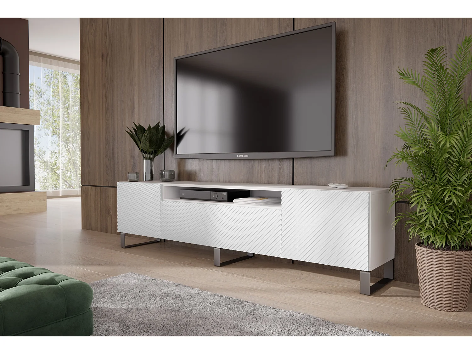 TV-Schrank Kaja III Fernsehschrank TV-Lowboard 200 cm gefräste Fronten modernes Design dreitürig Wohnzimmer (Farbe: weiß )