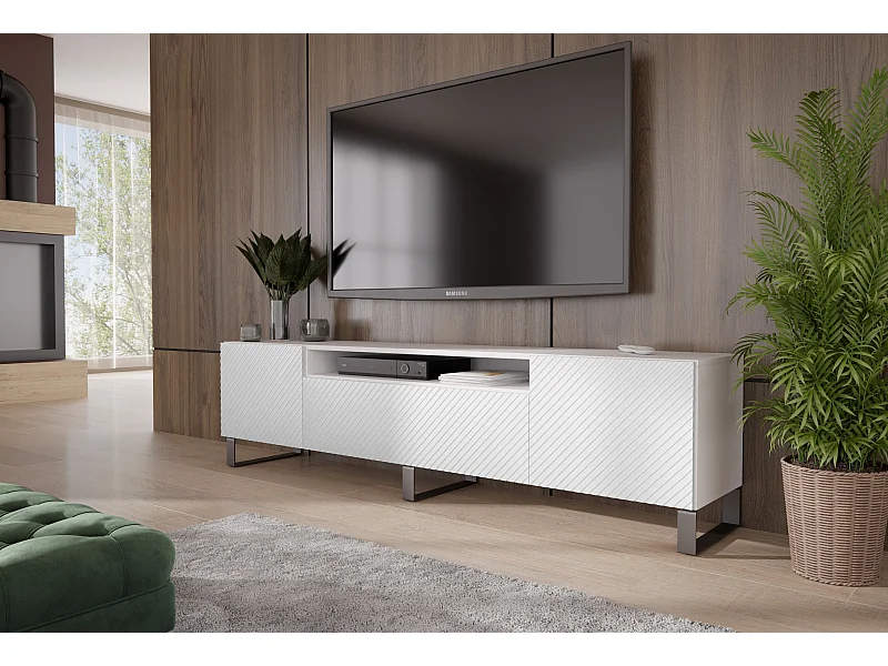 TV-Schrank Kaja III Fernsehschrank TV-Lowboard 200 cm gefräste Fronten modernes Design dreitürig Wohnzimmer (Farbe: weiß )