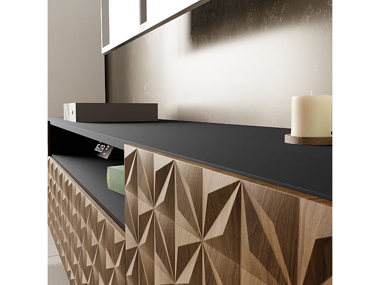 TV-Schrank Cali III Fernsehschrank TV-Lowboard 200 cm Fronten gefräst wie ein Kaleidoskop modernes Design dreitürig (Farbe: schwarz, catania)