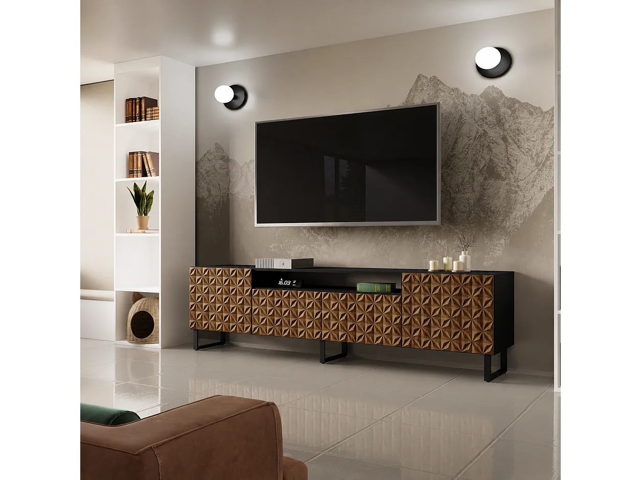 TV-Schrank Cali III Fernsehschrank TV-Lowboard 200 cm Fronten gefräst wie ein Kaleidoskop modernes Design dreitürig (Farbe: schwarz, catania)