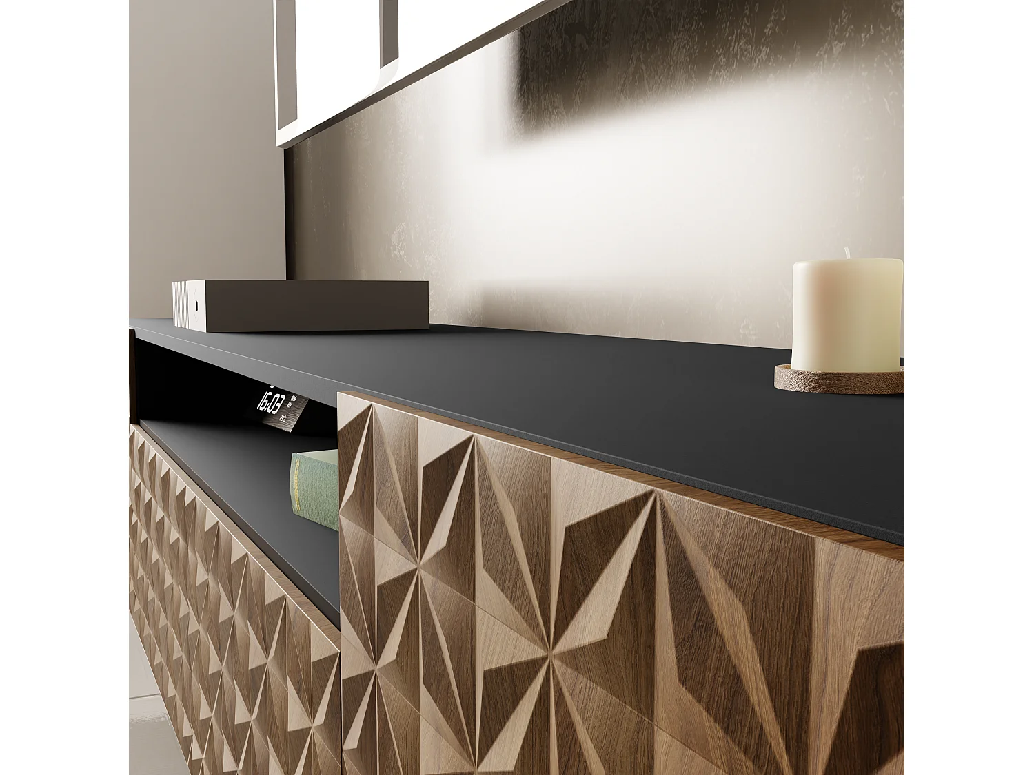 TV-Schrank Cali III Fernsehschrank TV-Lowboard 200 cm Fronten gefräst wie ein Kaleidoskop modernes Design dreitürig (Farbe: schwarz, catania)