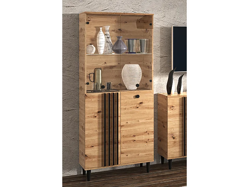 Vitrine Laura III Glas Bar Schrank Schränke Regal Holz Möbel Glastür mit Holzbeine Standvitrine Wohnzimmerschrank