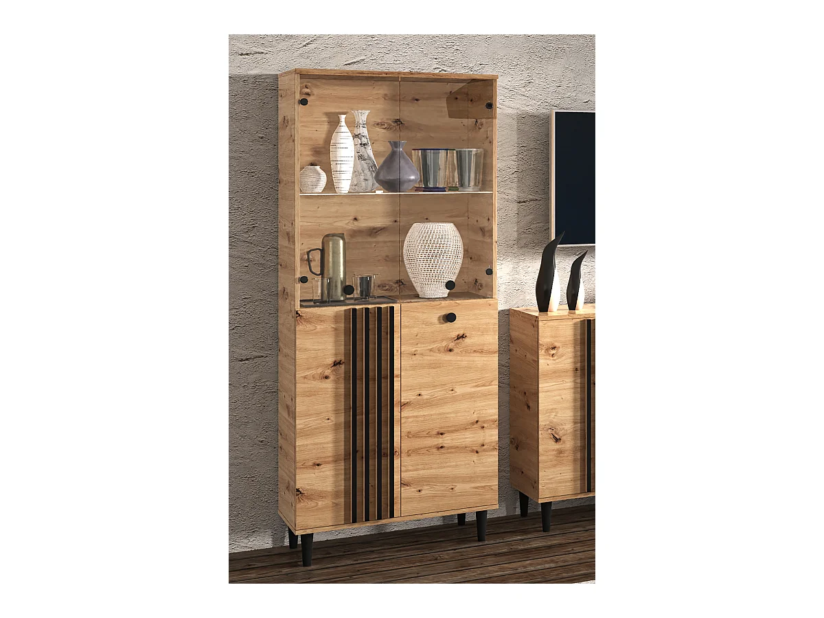 Vitrine Laura III Glas Bar Schrank Schränke Regal Holz Möbel Glastür mit Holzbeine Standvitrine Wohnzimmerschrank
