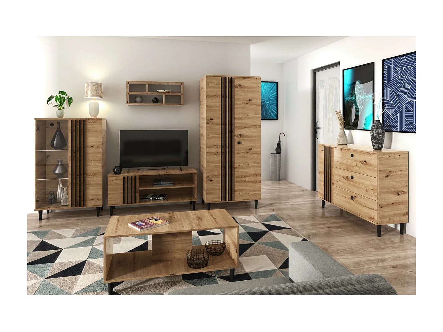 Vitrine Laura III Glas Bar Schrank Schränke Regal Holz Möbel Glastür mit Holzbeine Standvitrine Wohnzimmerschrank