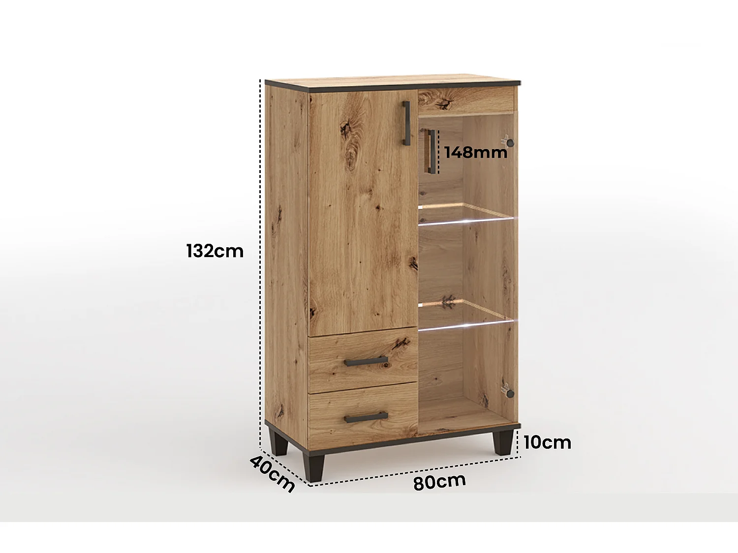 Vitrine Vanessa III Glas Bar Schrank Regal Holz Möbel Wohnzimmer Glastür mit Holzbeine Standvitrine Wohnzimmerschrank