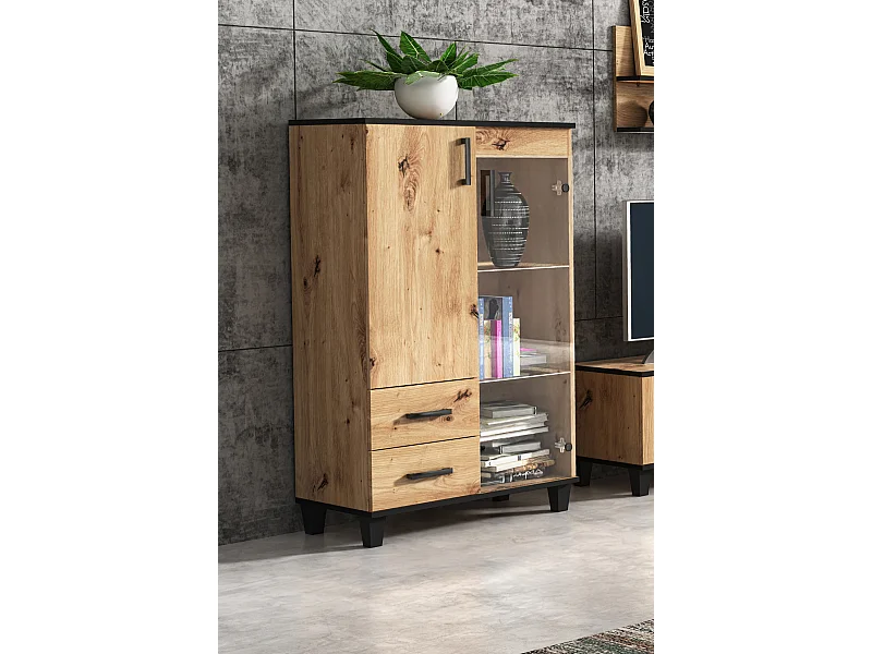 Vitrine Vanessa III Glas Bar Schrank Regal Holz Möbel Wohnzimmer Glastür mit Holzbeine Standvitrine Wohnzimmerschrank