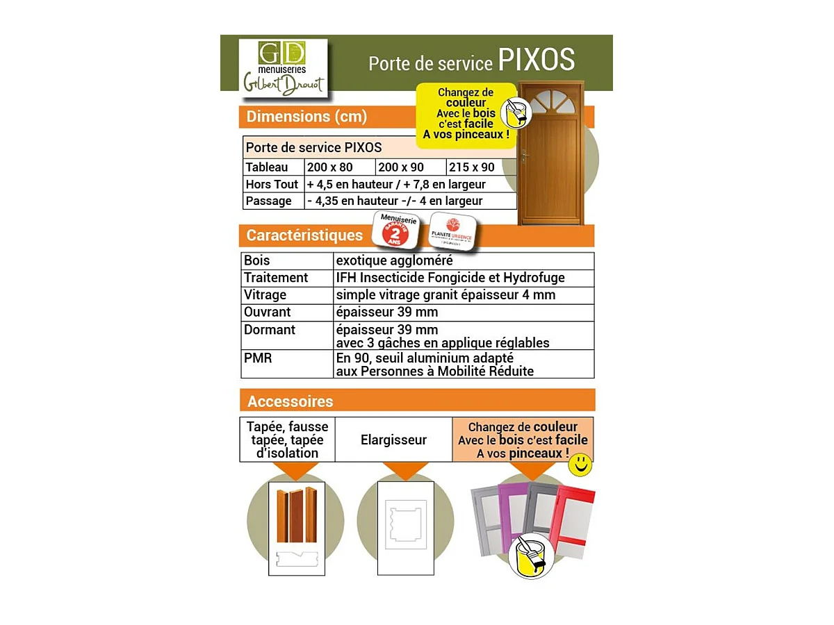 Porte De Service Bois Vitree Pixos, H,215xl,90 P, Droit + Poignee Et Barillet (ref 01245f924) Cotes Tableau Gd Menuiseries