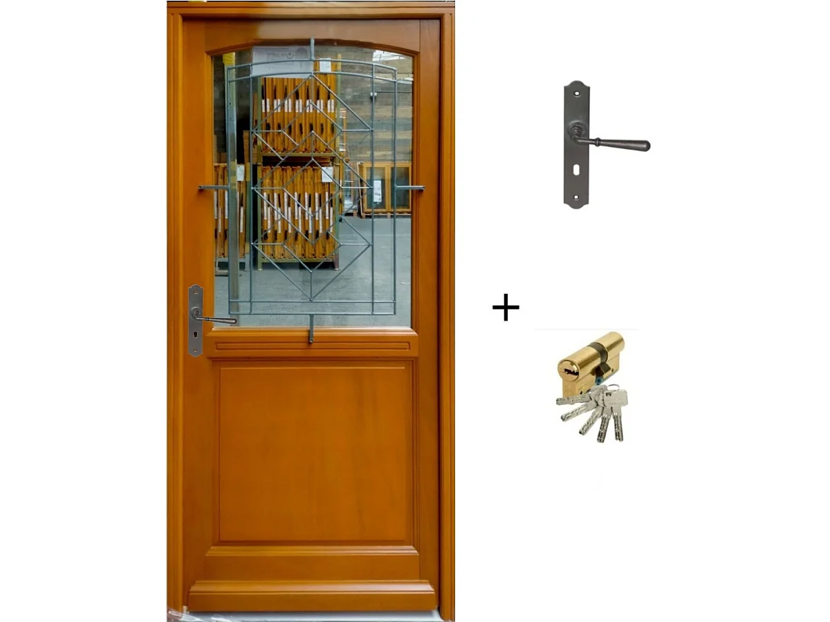 Porte d'entree Bois Vitree, Vitrage Transparent, ELIOTH, H,215xl,90  p, droit + Poignee Et Barillet (ref 010403FP)  Cotes Tableau