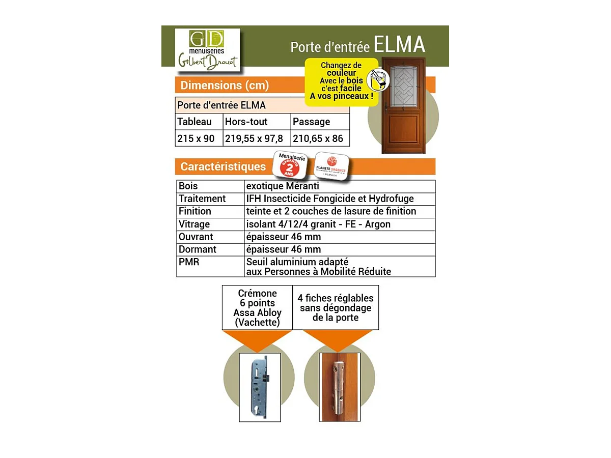 Porte d'entree Bois Vitree, Vitrage Transparent, ELIOTH, H,215xl,90  p, droit + Poignee Et Barillet (ref 010403FP)  Cotes Tableau