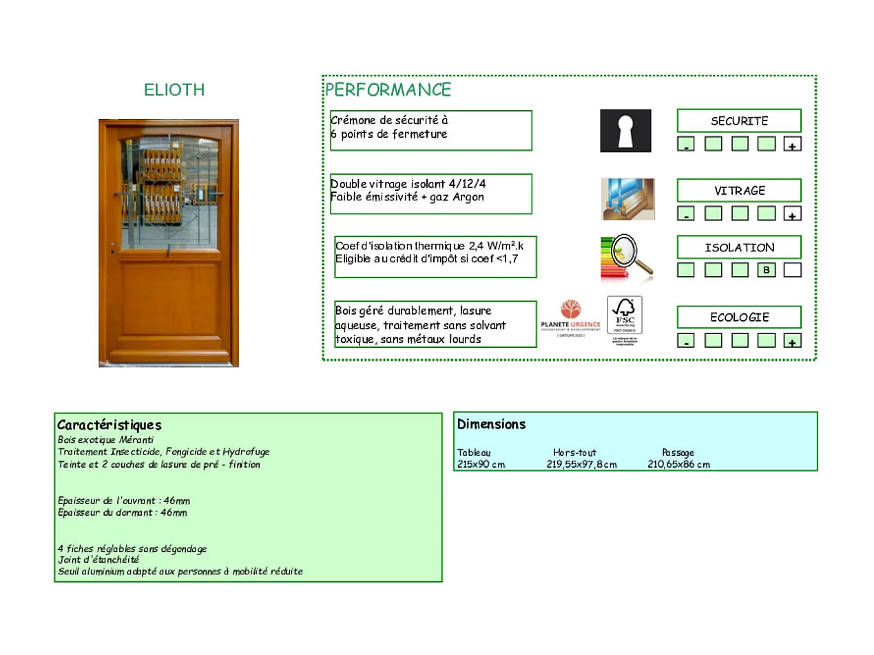 Porte d'entree Bois Vitree, Vitrage Transparent, ELIOTH, H,215xl,90 p, droit + Poignee Et Barillet (ref 010403FP) Cotes Tableau