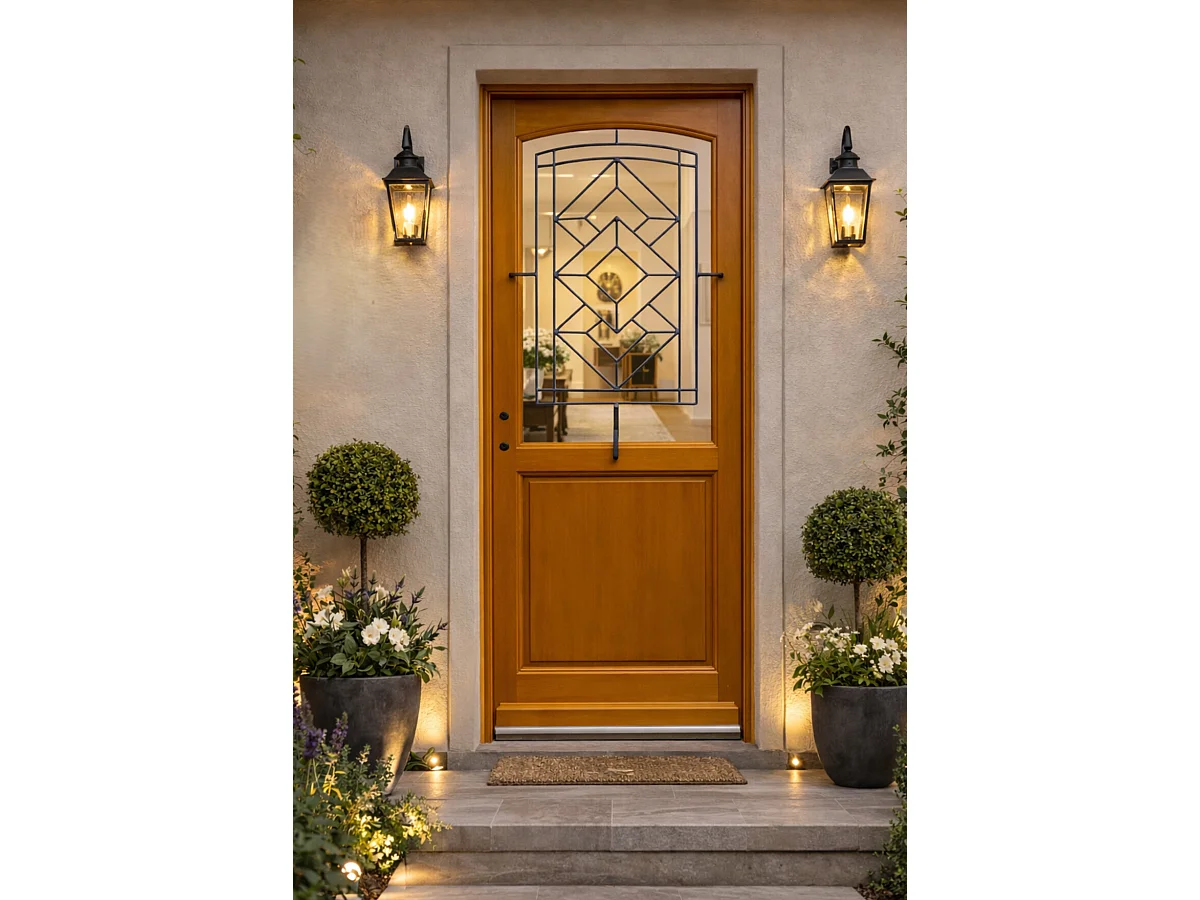 Porte D'entrée Bois Vitrage Transparent, Elioth, H.215xl.90 Cm Côte Tableau P.droit Poignée, Barillet Gd Menuiseries