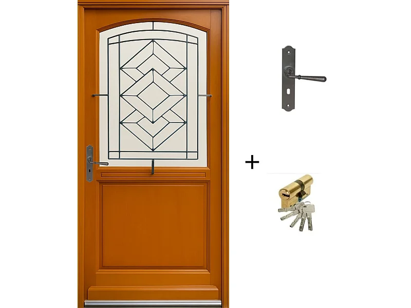 Porte d'entree Bois Vitree, Vitrage Transparent, ELIOTH, H,215xl,90 p, droit + Poignee Et Barillet (ref 010403FP) Cotes Tableau