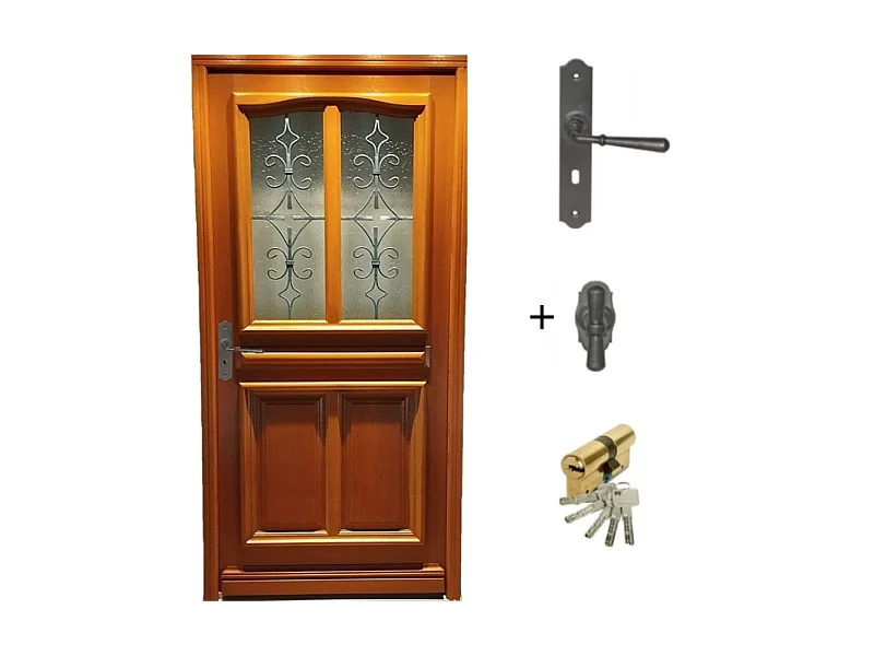 Porte d'entree Bois vitree, Vauban, H,200xl,80  p, droit + Poignee Et Barillet (ref 010403RFP) Cotes Tableau