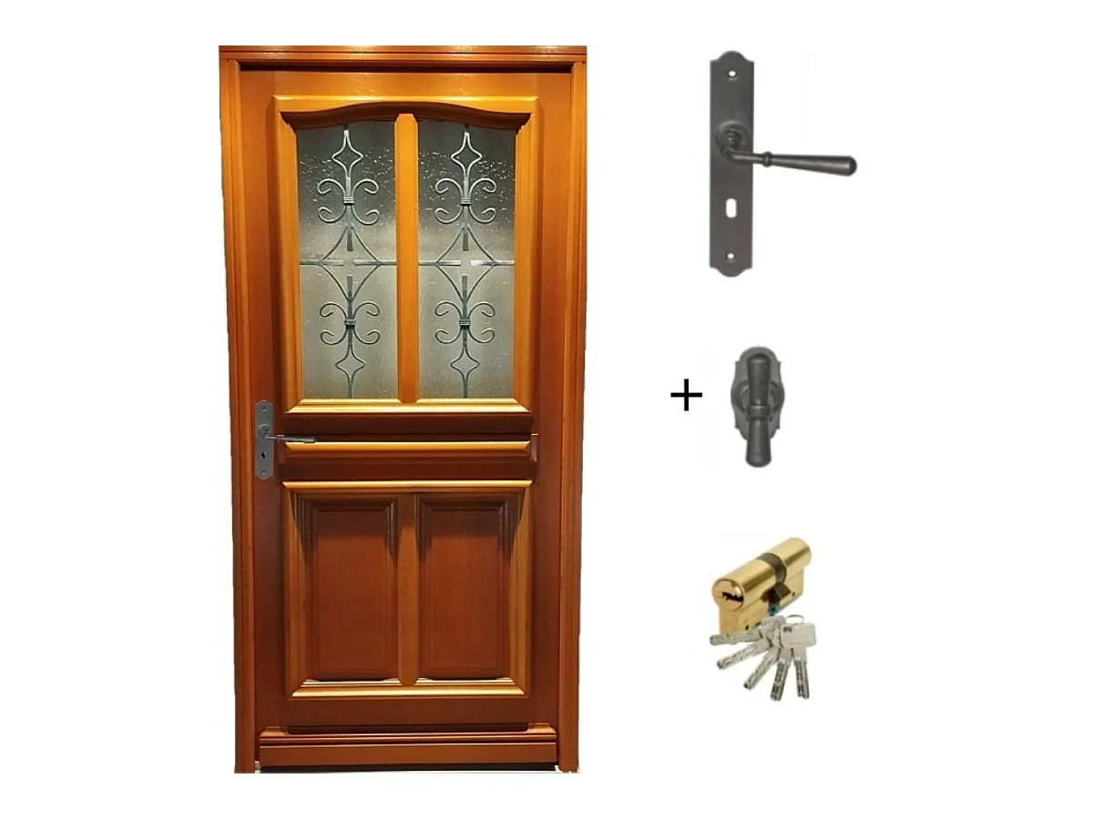 Porte d'entree Bois vitree, Vauban, H,200xl,80  p, droit + Poignee Et Barillet (ref 010403RFP) Cotes Tableau