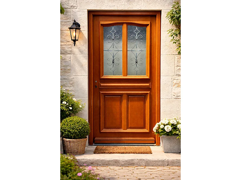 Porte D'entrée Bois Vitrée Vauban, H,200xl,80 P.droit, Poignée, Barillet Côte Tableau Gd Menuiseries