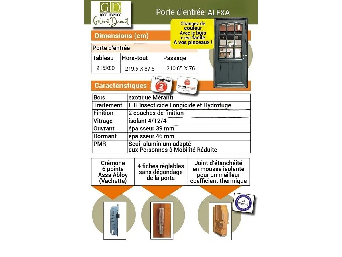 Porte d'entree Bois vitree, Alexa , gris RAL7016, H,215xl,90  p,gauche  Cote Tableau