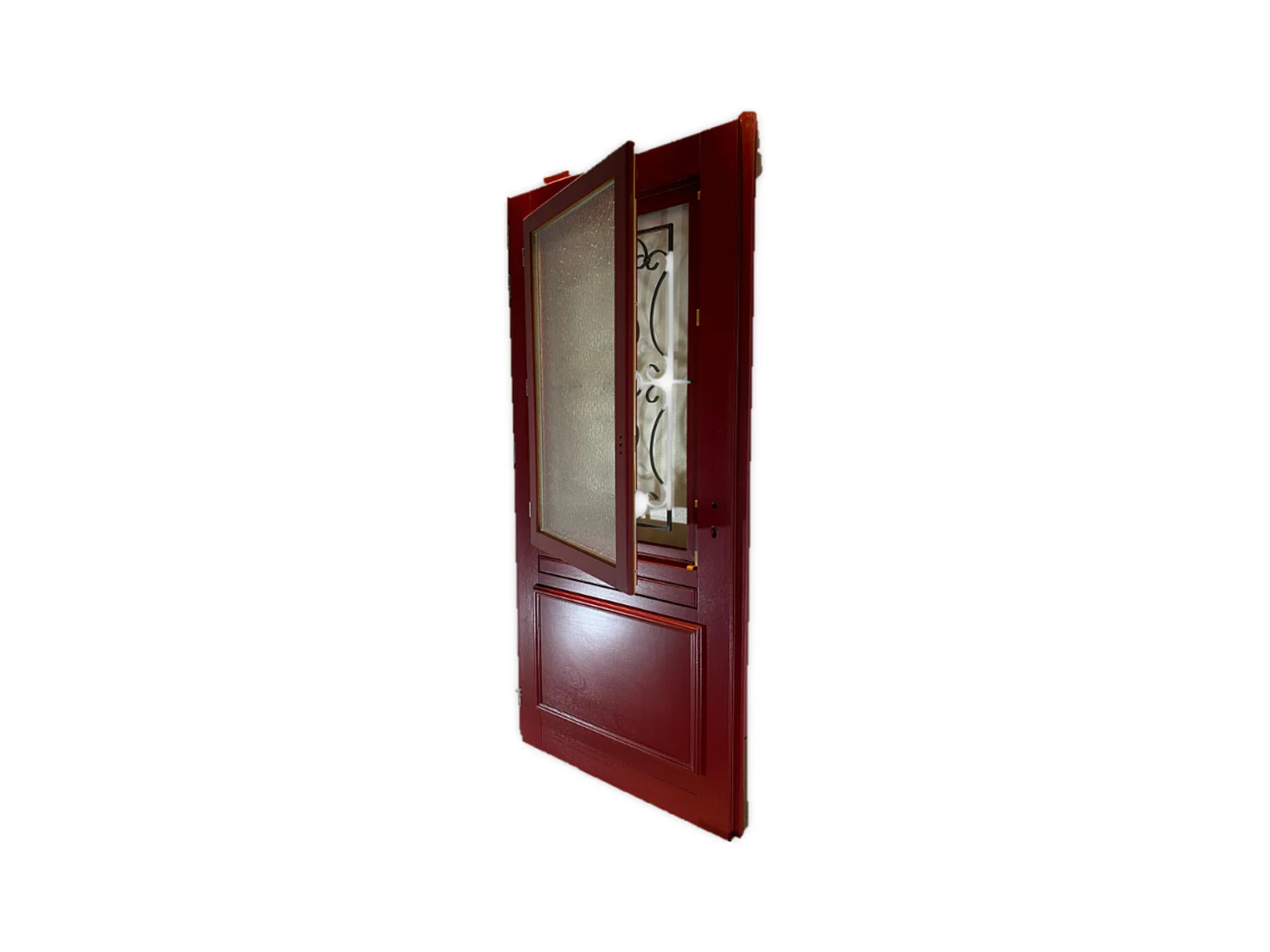 Porte d'entree Bois vitree, Canada Rouge RAL3004, H,215xl,90  p, droit Cotes Tableau