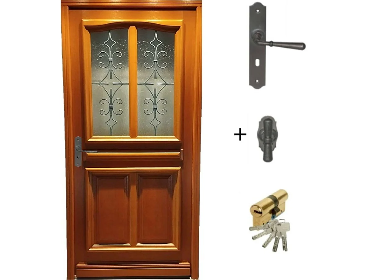 Porte D'entree Bois Vitree, Vauban, H,215xl,80 P, Droit + Poignee Et Barillet (ref 010403rfp) Cotes Tableau Gd Menuiseries