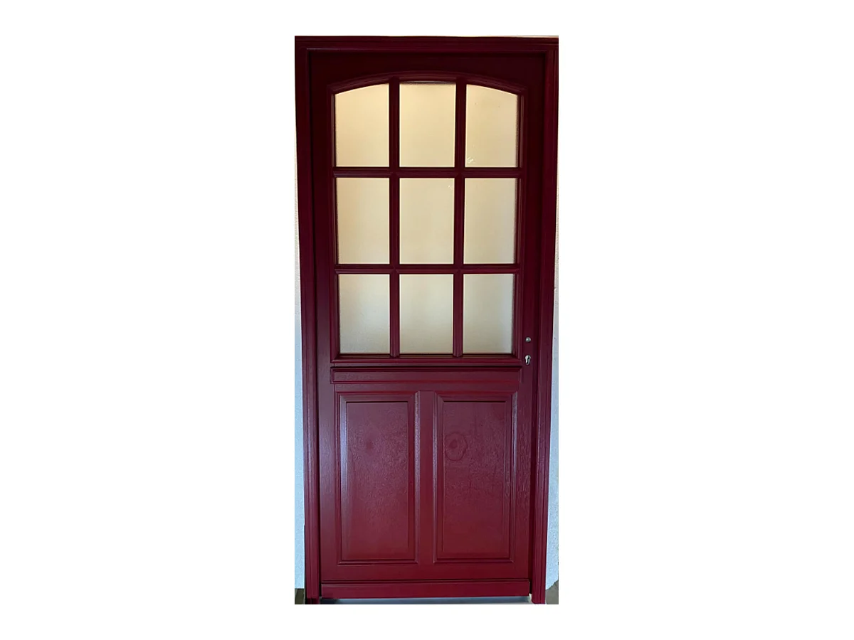 Porte d'entree Bois vitree, Alize Rouge RAL 3004, H,215xl,90  p,gauche Cotes Tableau