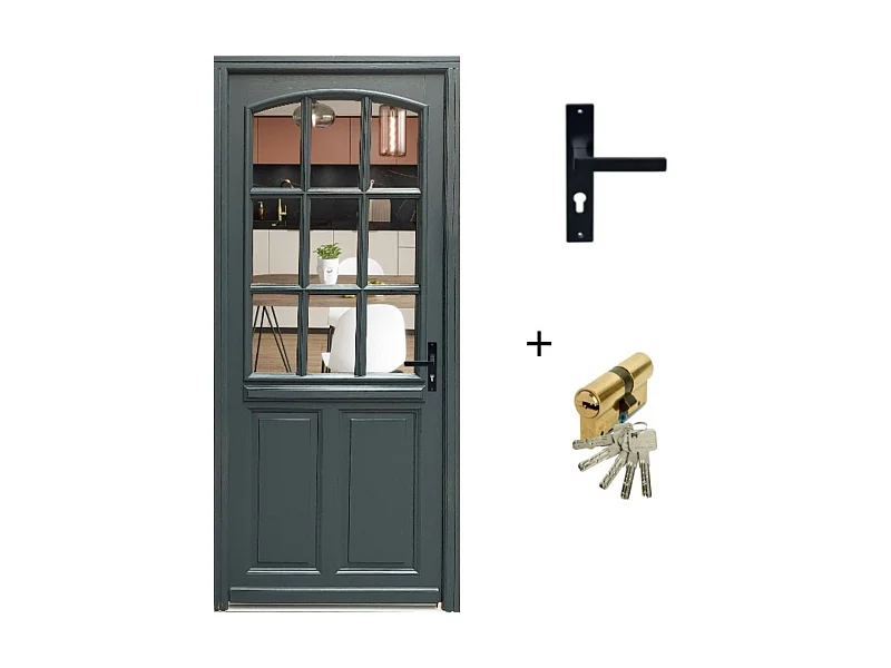 Porte d'entree Bois vitree, Alexa , gris RAL7016, H,215xl,90  p,gauche  Cote Tableau + Poignee Et Barillet (010723NO)