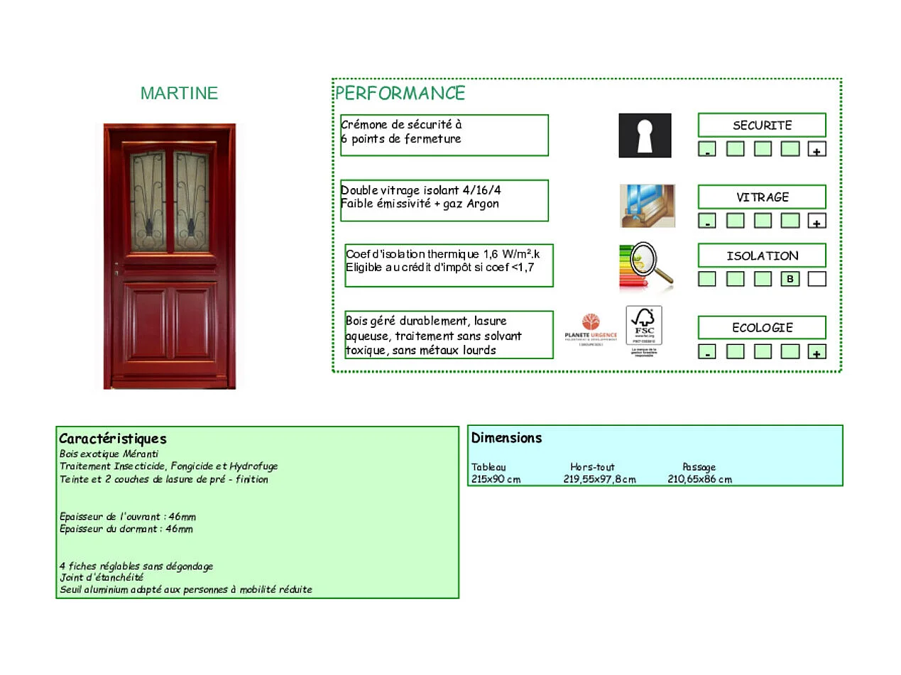 Porte d'entree Bois vitree, Martine Rouge RAL 3004, H,215xl,90  p,gauche  Cotes Tableau