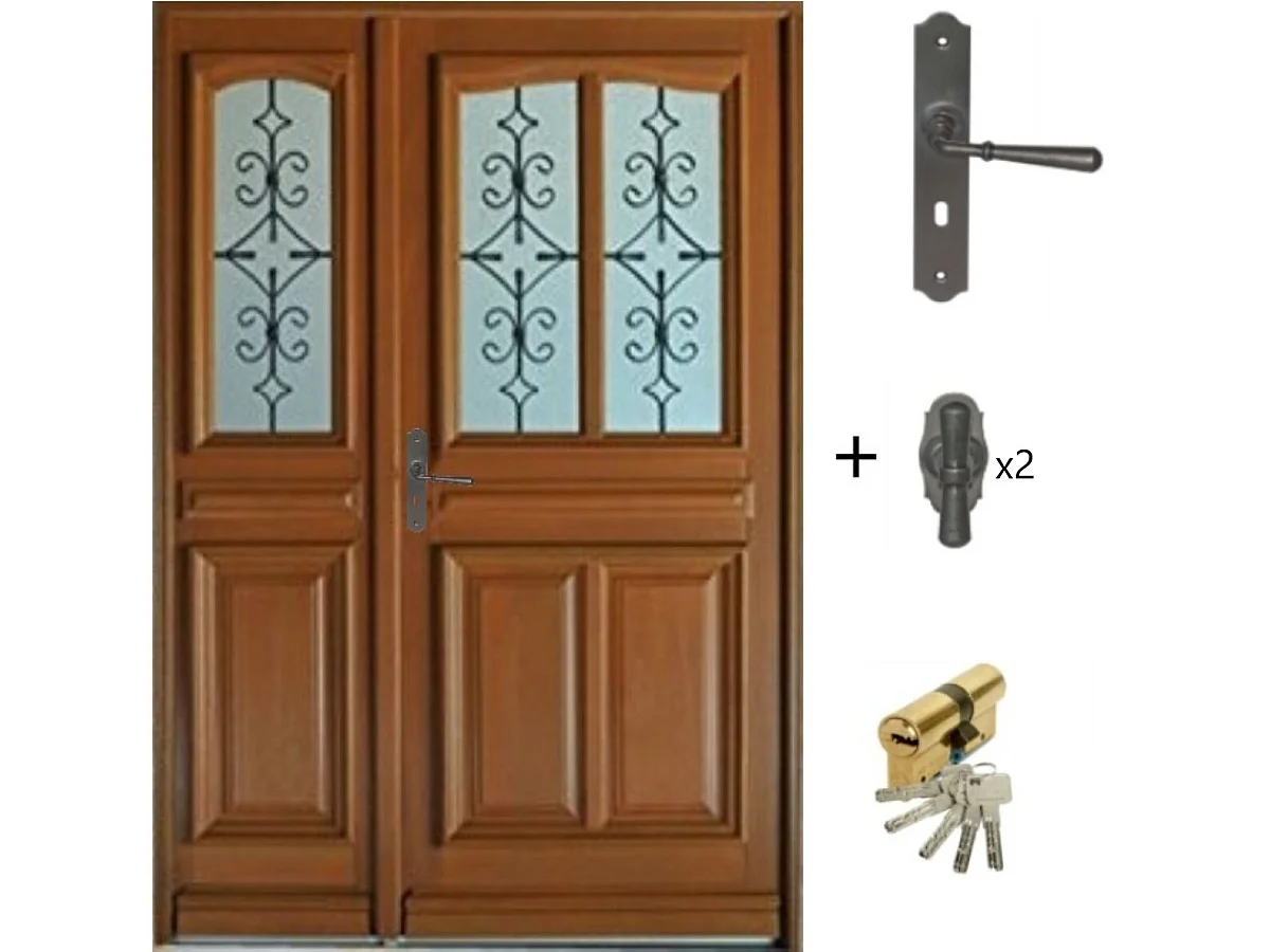 Porte d'entree Bois Tiercee vitree Vauban H215 x L130 p, droit + Poignee Et Barillet (ref 010403RFP) Cotes Tableau