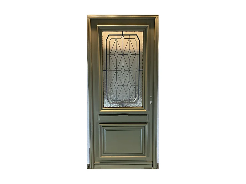 Porte d'entree Bois  vitree, Canelle Vert RAL 7002, H,215xl,90  p,gauche Cotes Tableau