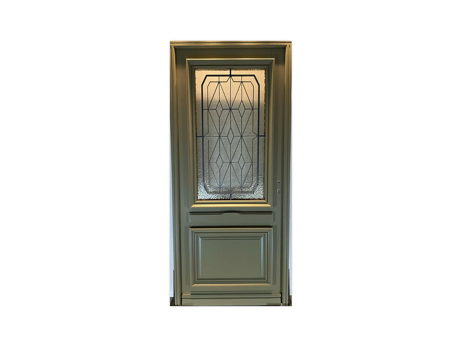 Porte d'entree Bois  vitree, Canelle Vert RAL 7002, H,215xl,90  p,gauche Cotes Tableau