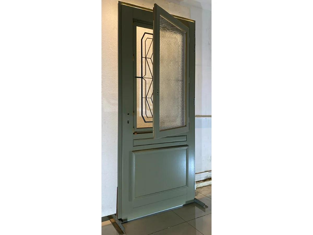 Porte d'entree Bois  vitree, Canelle Vert RAL 7002, H,215xl,90  p,gauche Cotes Tableau