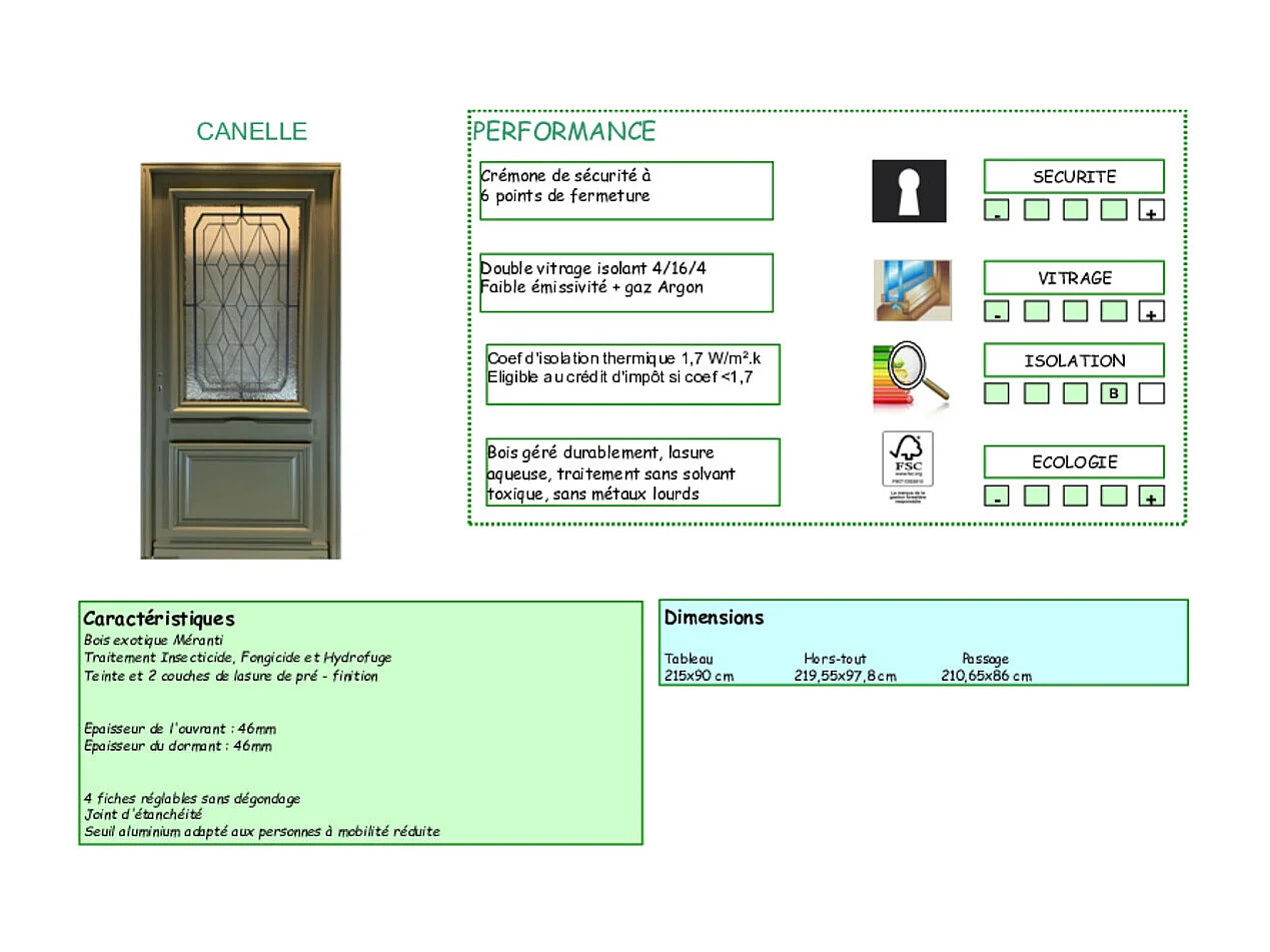 Porte d'entree Bois  vitree, Canelle Vert RAL 7002, H,215xl,90  p,gauche Cotes Tableau